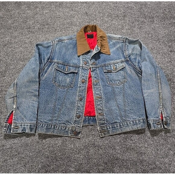 VTG Distressed Cropped Denim Jacket SzM Roebucks Work Chore Barn Coat Corduroy - Picture 1 of 15